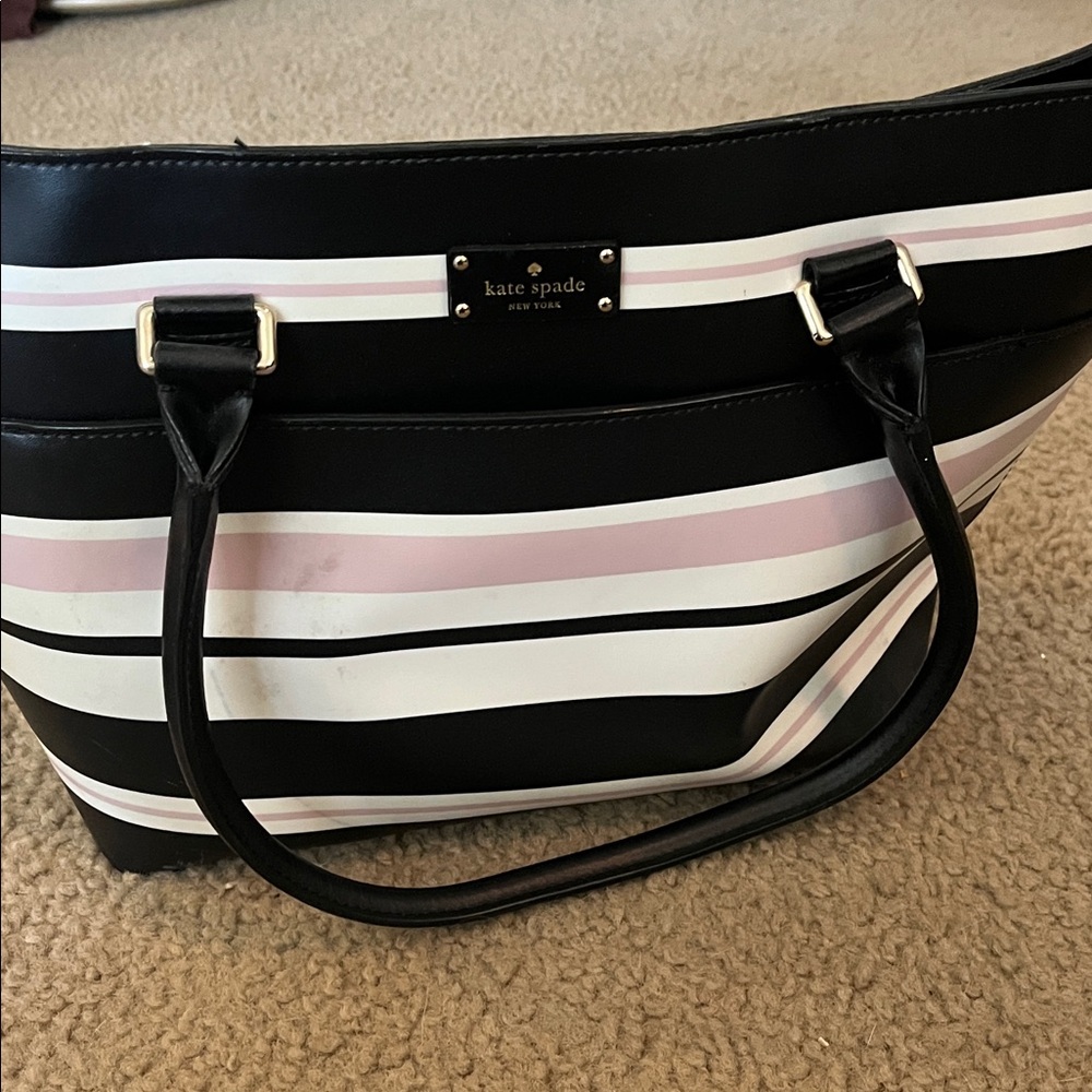 kate spade Black, White & Light Pink Striped Tote with Gold Plaque